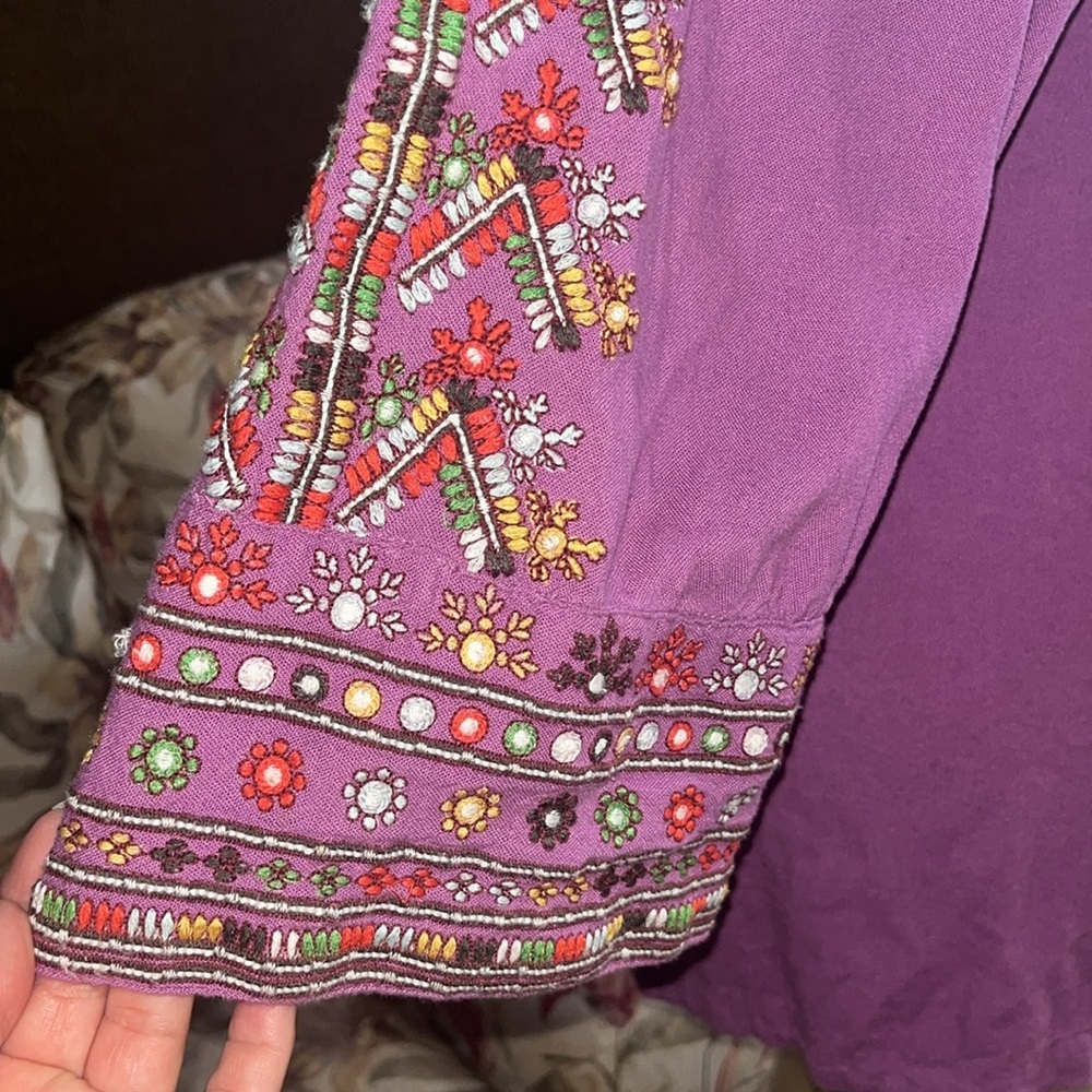FREE PEOPLE Purple Linen Multicolored Embroidered Tunic Mini Dress Size XS - Picture 9 of 12